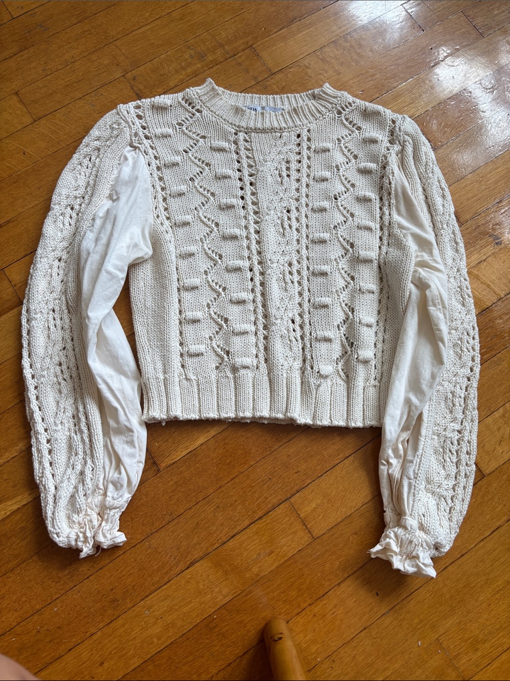 Zara Cream Cable-Knit Mixed Sleeve Crewneck Sweater